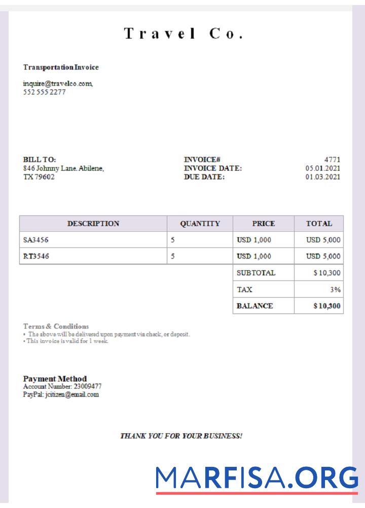 Realistic USA Travel Co. invoice sample